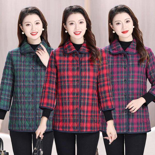 Inner cotton cotton seven -point sleeve vest, middle -aged and elderly girl autumn and winter new lapel checkered cotton jackets, mother thick cotton clothes