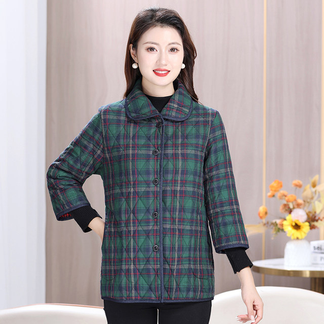 Inner cotton cotton seven -point sleeve vest, middle -aged and elderly girl autumn and winter new lapel checkered cotton jackets, mother thick cotton clothes