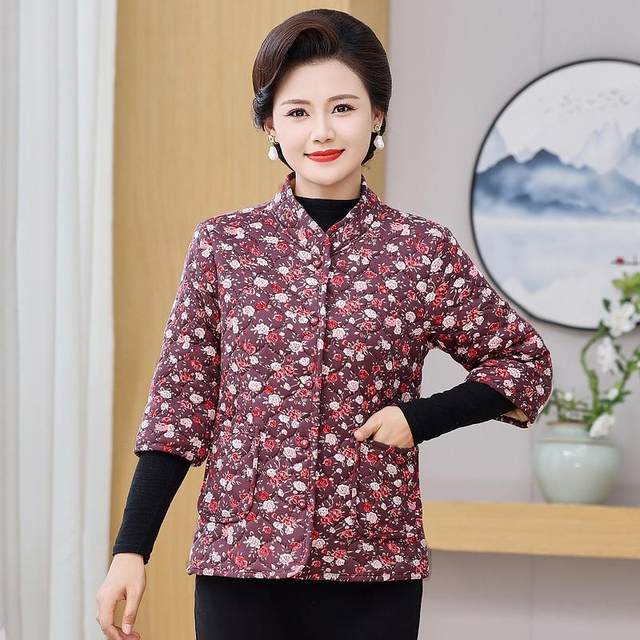 Three-quarter sleeves plus velvet small cotton coat for middle-aged and elderly women autumn and winter new style stand-up collar warm and close-fitting cotton coat liner