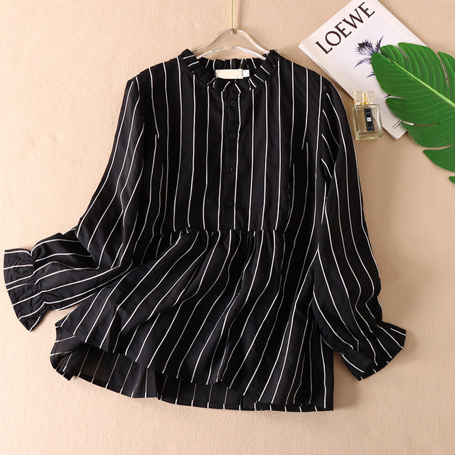 Spring wear Korean version commuting black vertical striped shirt for women lace collar mid-length pleated high waist top WC3044
