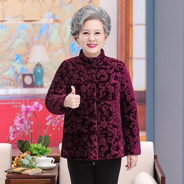 Elderly women's winter coat, grandma's velvet thickened gold velvet coat, mother's short stand-up collar cotton padded jacket