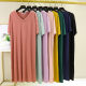 Ice silk V-neck short-sleeved dress for women in summer thin loose nightgown large size slim casual skirt slit base skirt