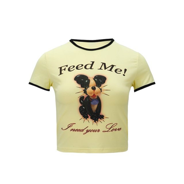 Nodress Spring and Summer Yellow Round Neck Short Sleeve Top Cartoon Yorkshire FeedMe Letter Print Tight T-shirt