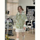 ziziFei summer American design plaid spliced ​​lace hem top green plaid short-sleeved shirt for women

