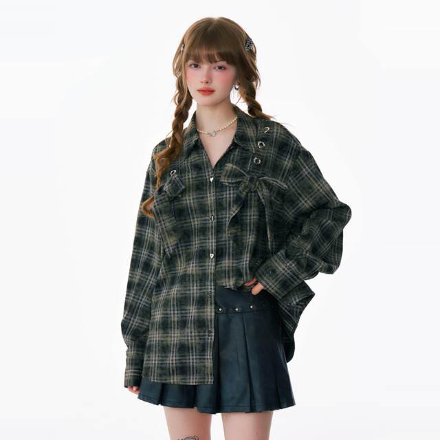 ziziFei autumn and winter retro design bow plaid thickened loose plaid shirt jacket for women