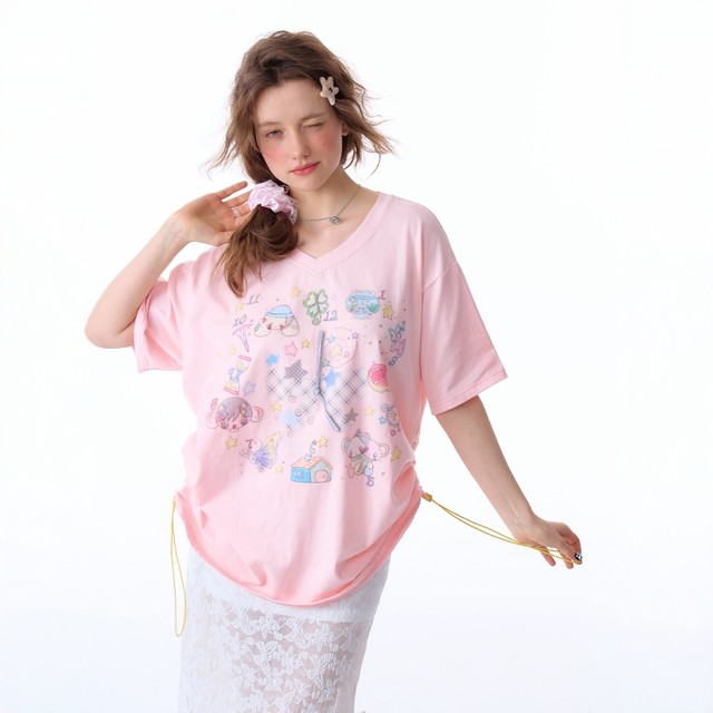 ziziFei summer new slim American retro design cartoon printed pattern V-neck top short-sleeved T-shirt for women
