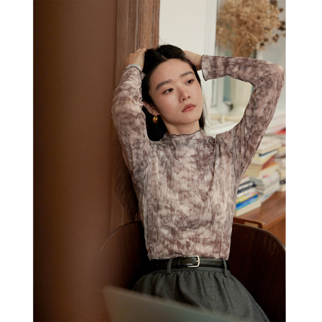 Xu Mo Xi French -style semi -high -necked net gauze long -sleeved slimming bottom shirt T -shirt female autumn in female autumn