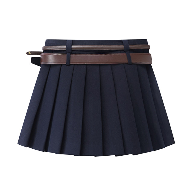 Meng Jia's same style pleated skirt 2024 winter new miu style college style double belt skirt high waist short skirt for women