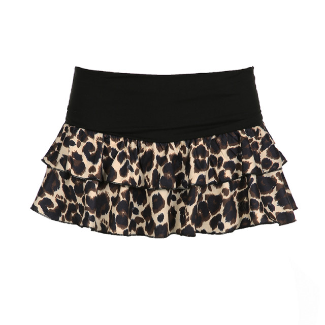 Rockmore brown leopard stitching cake skirt fashionable sexy low waist mini super short skirt