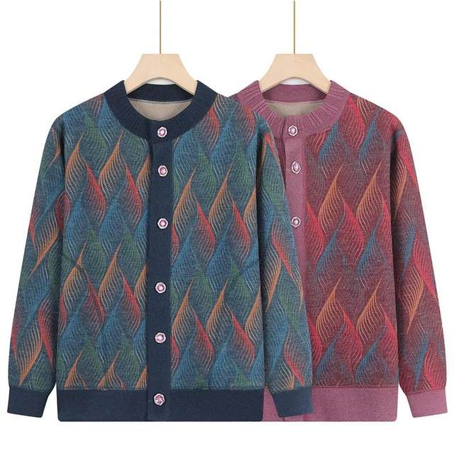 Mom's Chinese style printed temperament cardigan looks slim in autumn and winter style plus velvet thickened warm casual short jacket top