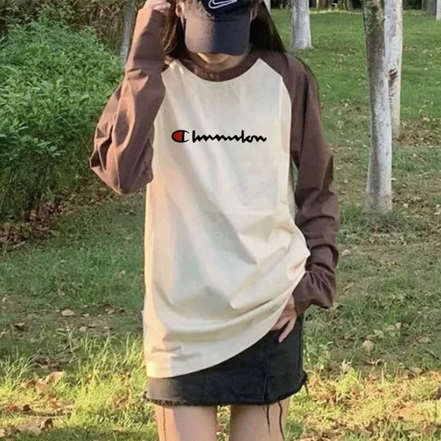 Champion Rainbow Ragnarok round neck thin long-sleeved T-shirt for women's spring pure cotton sweatshirt loose pullover splicing top trendy