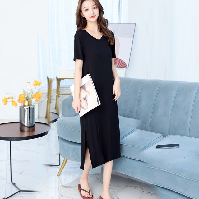 Modal's new V-neck short-sleeved ice silk nightgown thin loose nightgown home clothes can be worn casual dress outside