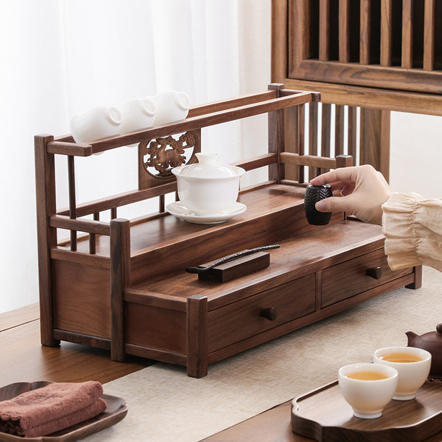 Tea set storage rack North American walnut double-layered rack Chinese ...
