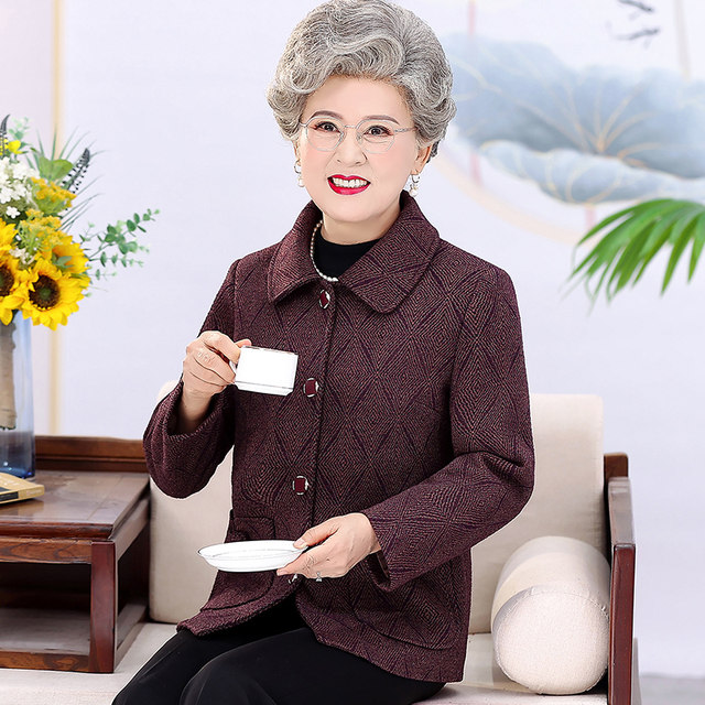 Seniors spring clothes, female grandma woolen coat, autumn clothes, old lady mother celebrates birthday, Tang Dynasty clothes