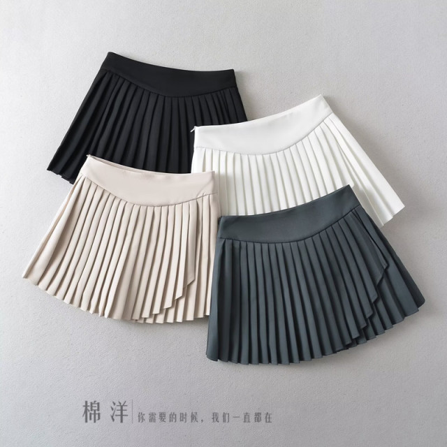 Cotton retro irregular length and short high waist pleated skirt, personalized girlish anti-exposure side zipper long-legged A-line skirt