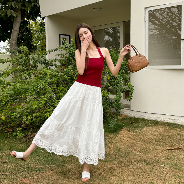 Light cloth-toned spring and summer lace embroidered skirt hooked cotton A-line large umbrella skirt white vacation style skirt