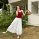 Light cloth-toned spring and summer lace embroidered skirt hooked cotton A-line large umbrella skirt white vacation style skirt