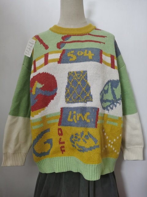 Thickened lazy style loose large board pullover round neck sweater retro personality jacquard graffiti sweater women
