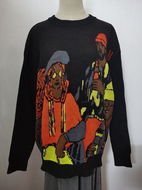 Thickened lazy style loose large board pullover round neck sweater retro personality jacquard graffiti sweater women
