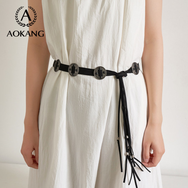 Aokang Belt Women's 2025 New Knitted Punch-free Cowhide Belt Ethnic Style Women's Waist Envelope Decoration with Skirt