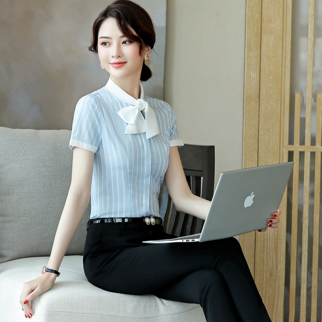Bow striped shirt for women in summer 2024 new professional suit small fresh short-sleeved top Korean style base shirt