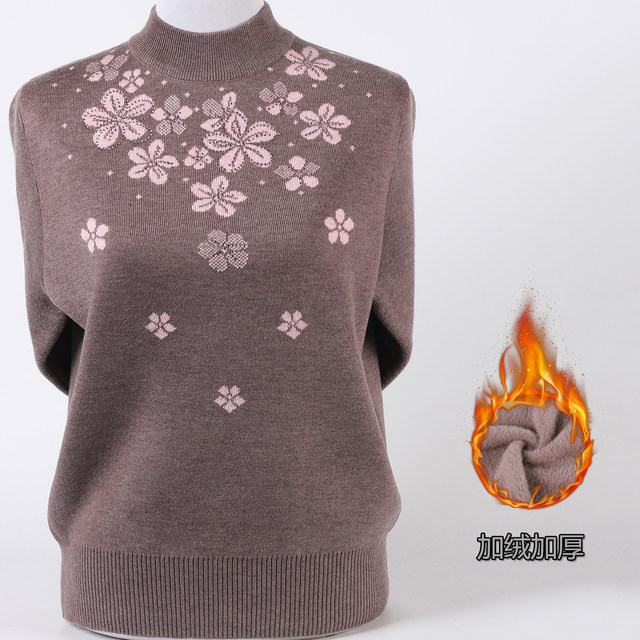 Middle-aged and elderly women's autumn and winter sweaters thickened and warm half turtleneck pullover plus velvet knitted bottoming sweater