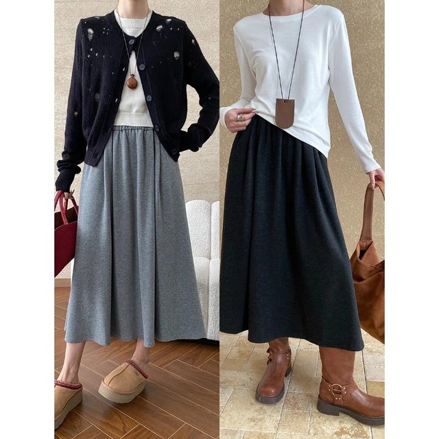Commuter style paper sheet soft glutinous long skirt for women in autumn and winter French temperament elastic waist draped slim a-line skirt