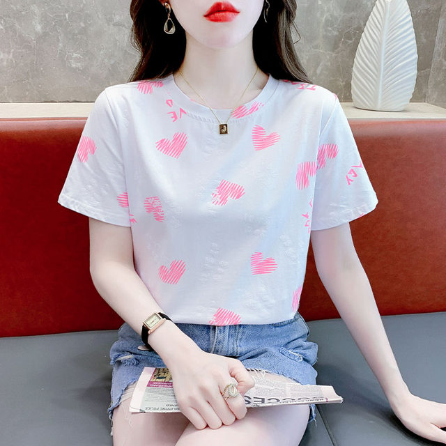 Pink pure cotton loose short-sleeved T-shirt for women 2025 summer design love letter printed t-shirt age-reducing top