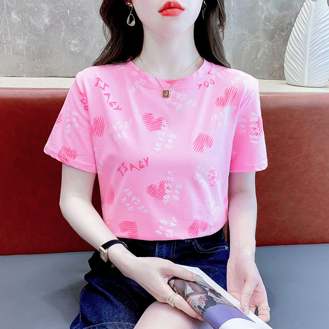Pink pure cotton loose short-sleeved T-shirt for women 2025 summer design love letter printed t-shirt age-reducing top