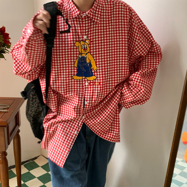 C2 homemade/vintage style cartoon embroidered plaid shirt retro Hong Kong style loose shirt fun salt top ins