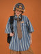 C2 homemade/retro wash striped denim half-sleeved top summer loose cartoon old thin short-sleeved shirt ins