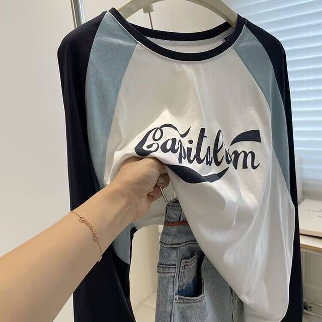 Pure cotton American retro letter printing polished pink shoulder long -sleeved T -shirt female autumn 2024 new and beautiful small shirt
