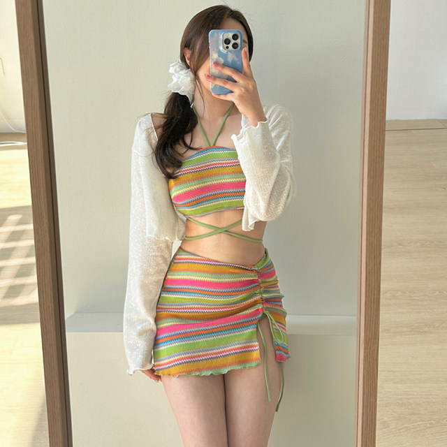 
Women's new style ethnic style sexy striped split skirt bikini three-piece set small breasts vacation beach hot spring
