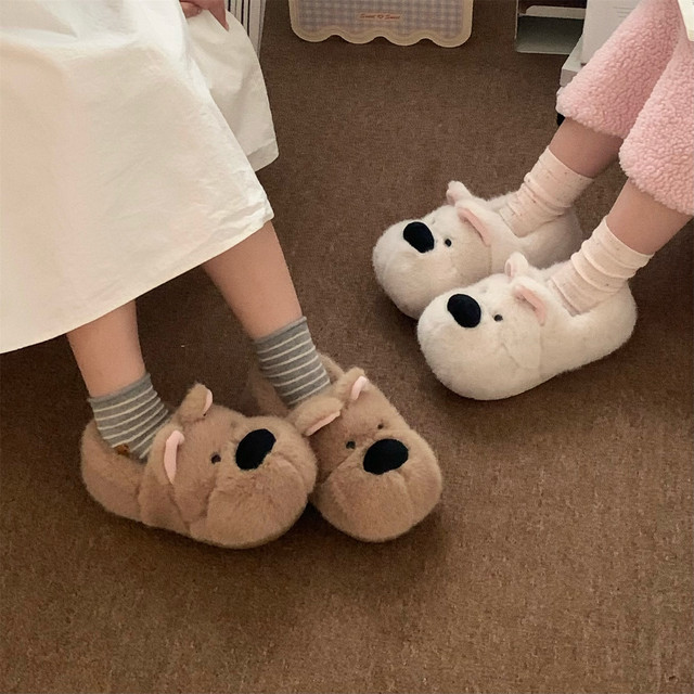 Thin Strips Couples Home Non-Slip West Highland Puppy Furry Shoes Winter Warm Cute Bag Heels Cotton Slippers for Men and Women