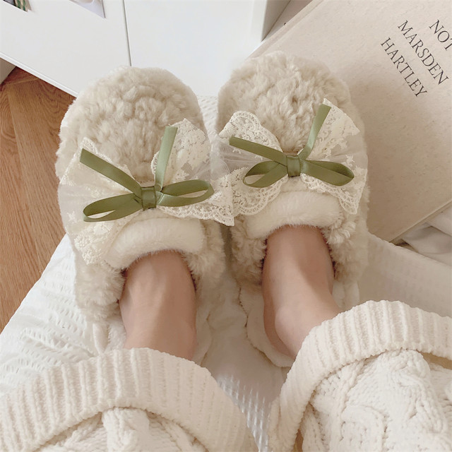 Thin strips couple cotton slippers autumn and winter men and women fashionable home warm Korean style bow fur shoes ins