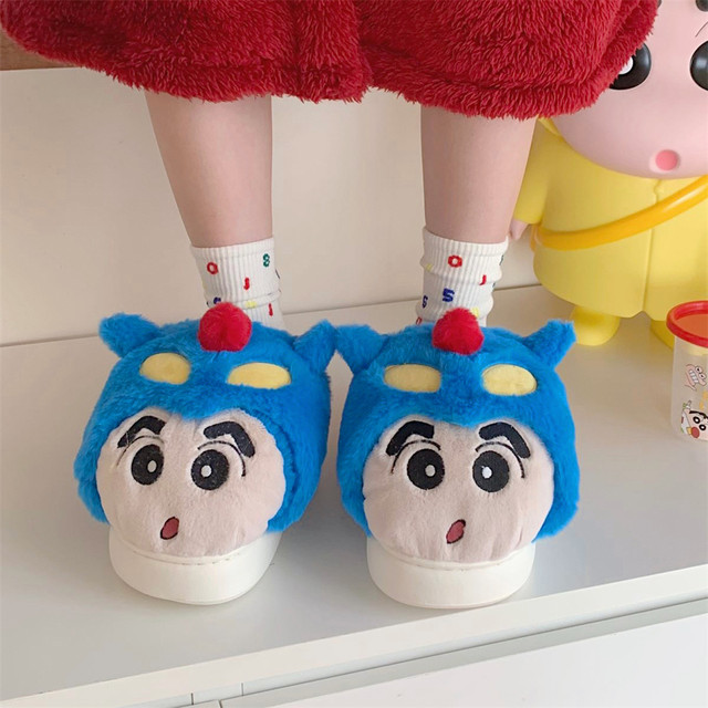 Thin strips Crayon Shin-chan dynamic superman cotton slippers for men and women in winter couples cute home warm furry shoes