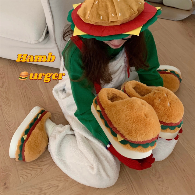 Thin strips of fun and cute hamburger cotton slippers for men and women, winter student creative plush warm couple home cotton shoes