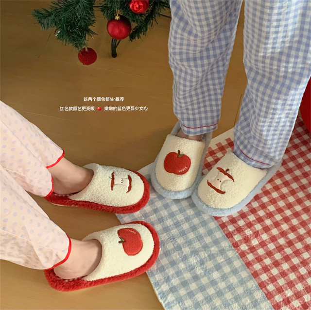 
Thin strips Cute red apple cotton slippers for women in winter girls' heart fur shoes at home floor non-slip confinement shoes