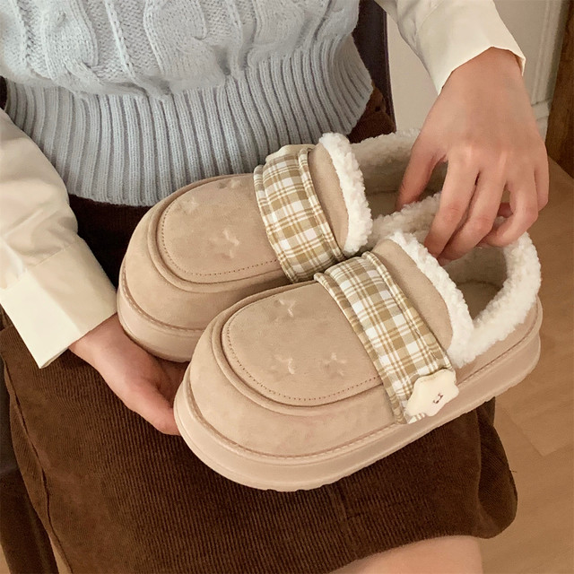 Thin strips of one-leg Lok Fu cotton slippers for women, winter warm and non-slip outer wear ins plaid star plus velvet bread shoes