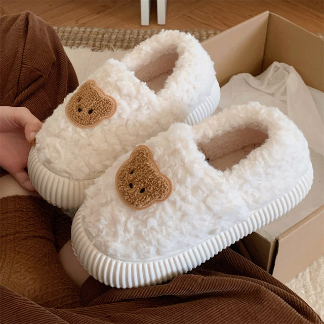 Thin strips of women's winter Korean-style bread shoes, soft and cute bear warm and cute lazy outdoor lamb wool cotton slippers