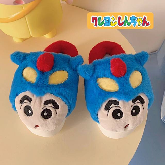 Thin strips Crayon Shin-chan dynamic superman cotton slippers for men and women in winter couples cute home warm furry shoes