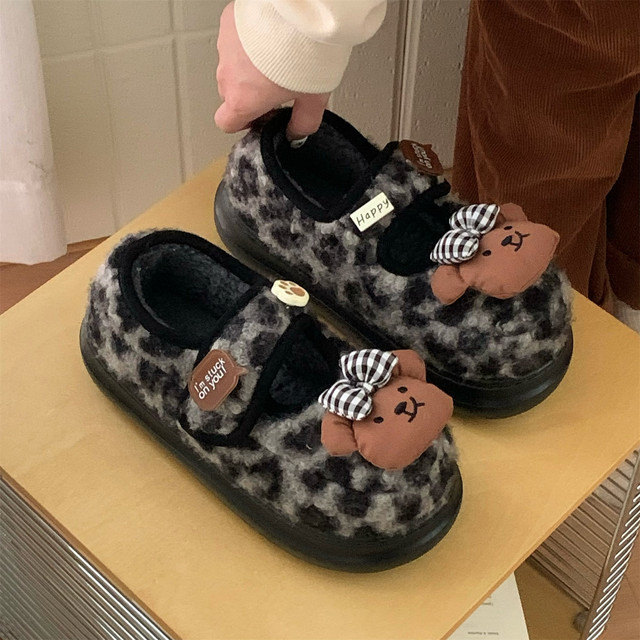 Thin strips Bear Velcro leopard print cotton shoes cute non-slip thick sole plus velvet Mary Jane fur shoes for women winter ins