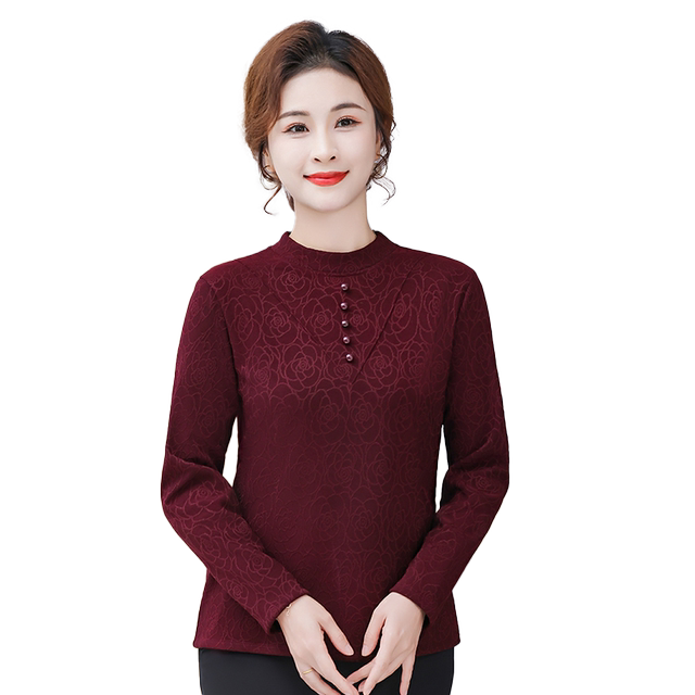 Middle-aged and elderly mothers autumn long-sleeved T-shirt with velvet warm and fashionable base shirt with half high neck slimming inner warm clothes
