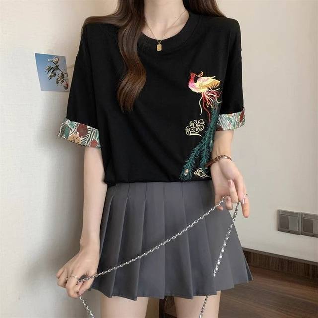 
High-end embroidered black short-sleeved T-shirt for women's mid-length new Chinese style top new summer large size fat mm