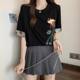 
High-end embroidered black short-sleeved T-shirt for women's mid-length new Chinese style top new summer large size fat mm