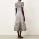 2025 Spot Australian Autumn New Silk Linen Small High Neck Belt Waist Short Sleeve Mid-Length Dress with Suspenders