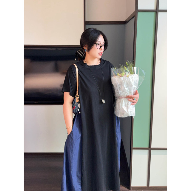 
VOGANA Cannes home large size women's clothing fashionable summer eye-catching contrasting color splicing loose slimming A-line dress summer