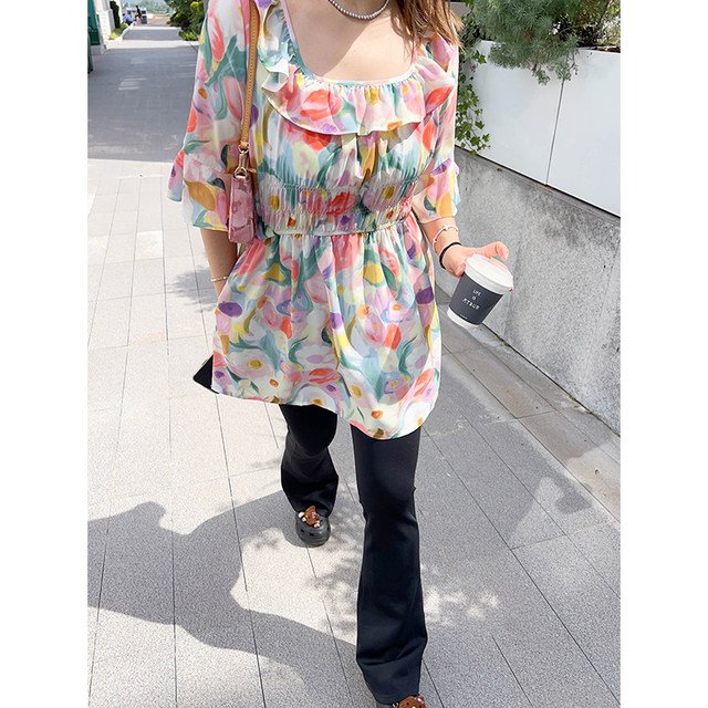 Vogana Cannes Large -size Original Summer Celebration Flower Lotus Leaf Edge Reduction Slender Shirt Shirt Dress