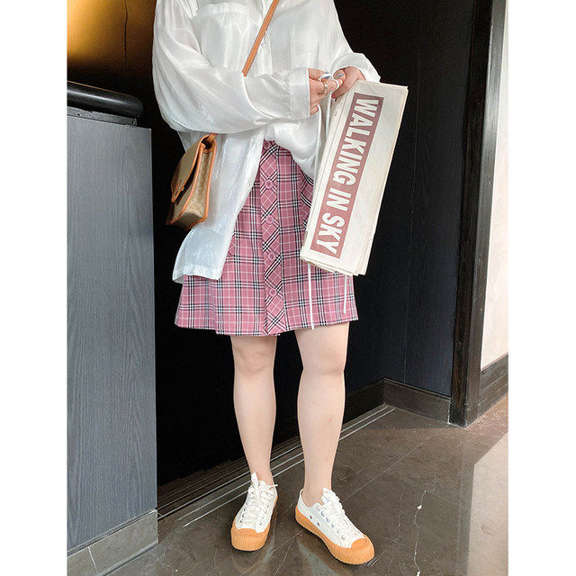 Large size original retro literary A-line skirt summer Korean version age-reducing plaid skirt for women