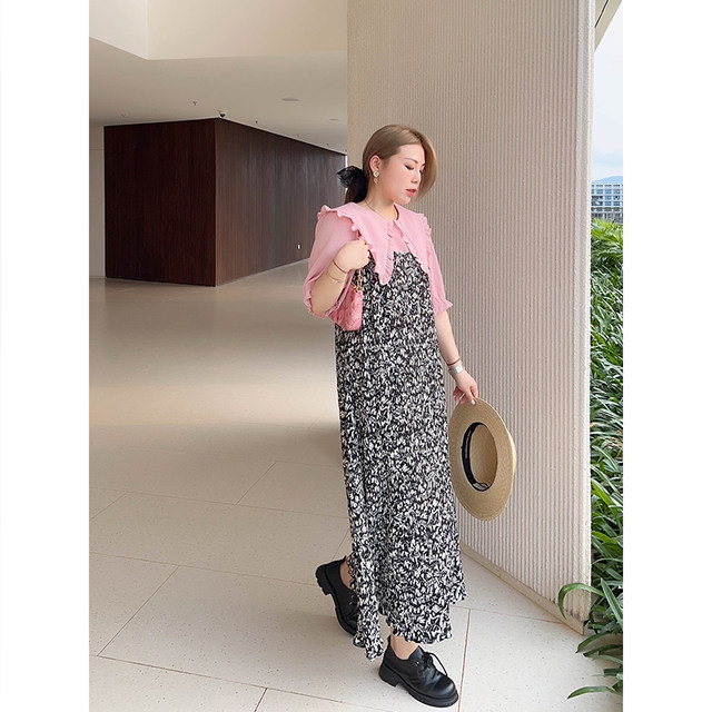 vogana Cannes home large size original Korean retro printed long skirt vacation style loose slim A-line suspender skirt